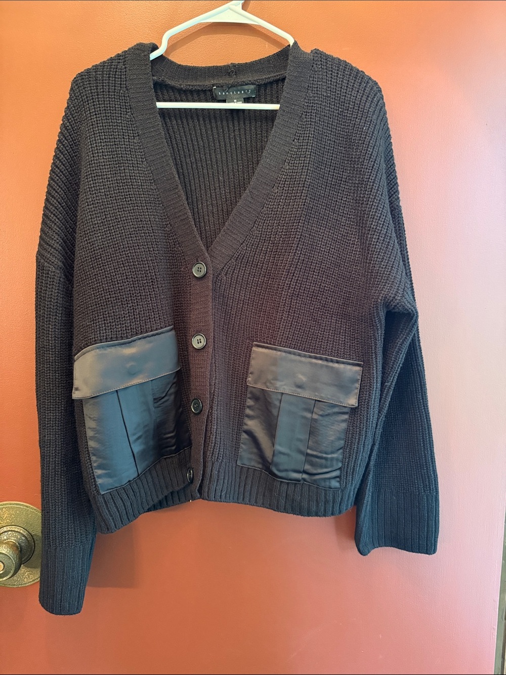Sanctuary Waffle-Knit Button Cardigan with Satin Patch Pockets - Black